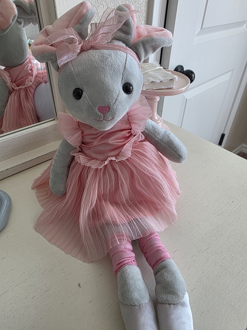 Plush Bunny Doll in Pink Tulle Dress - Soft Gray Plush Toy
